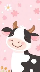 Cute cartoon cow on pink floral spring background.