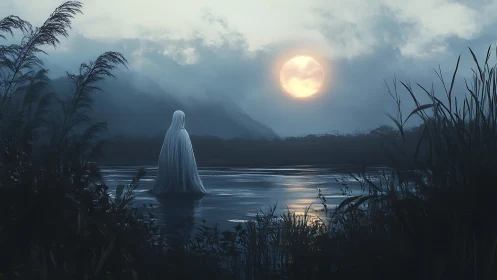 Moonlit shrouded wanderer beside a haunted, misted lake.