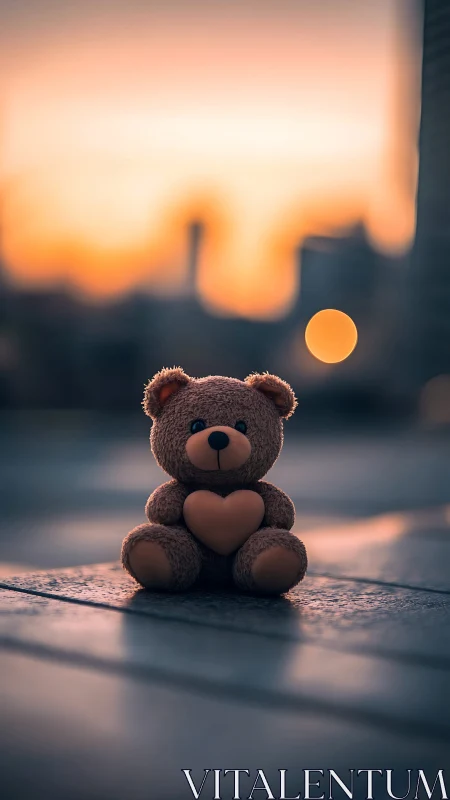 Teddy bear with heart shape at golden hour sunset streetscape.