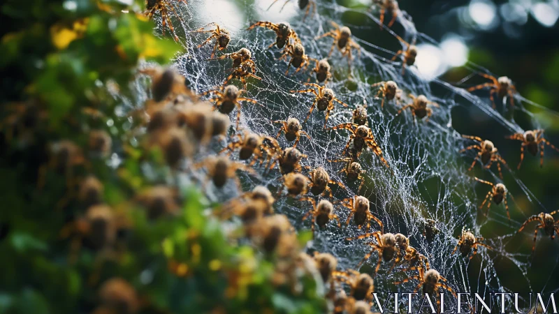 Spider colony clustered on dense communal web in foliage.