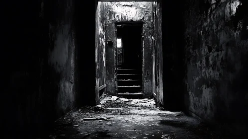 Monochrome abandoned corridor with decayed stairwell depth