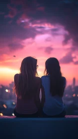 Silhouetted friends watching a neon pink city sunset together.