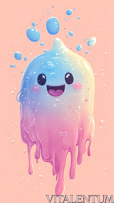 Smiling pastel liquid character with floating droplets.