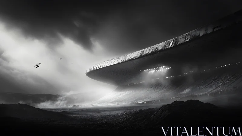 Futuristic stadium under storm clouds with plane overhead.