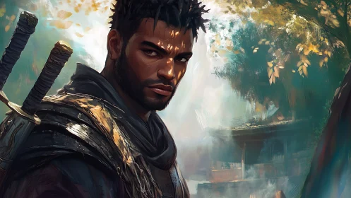 Armored swordsman portrait in forest clearing environment.