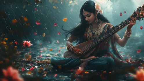 Monsoon raga drifts through lotus rain and jeweled silence