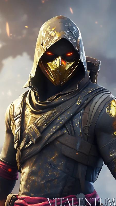 Mysterious hooded warrior with glowing mask stands ready.