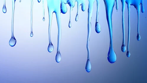 Blue liquid droplets hanging in elongated dripping strands.