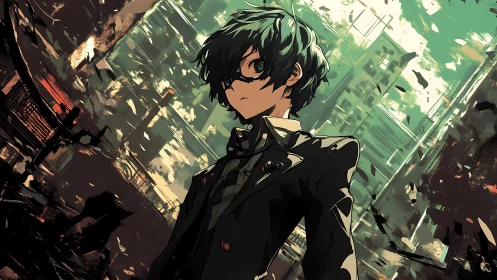 Storm-eyed rebel steadies himself in a falling neon city