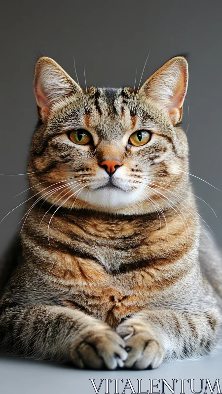 Tabby Cat Portrait with Golden Eyes Against Gray Background.