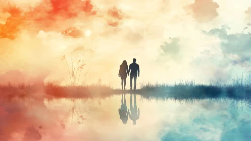 Couple Standing by Reflective Water at Sunset