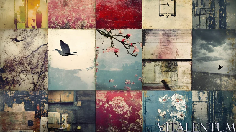 Grid arranges weathered panels with birds, florals and skies