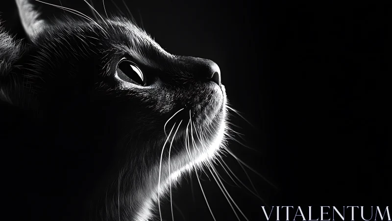 High-contrast monochromatic feline portrait in dramatic chiaroscuro lighting.
