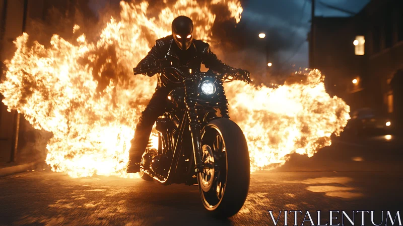 Midnight rider blazing through a city of swirling fire.