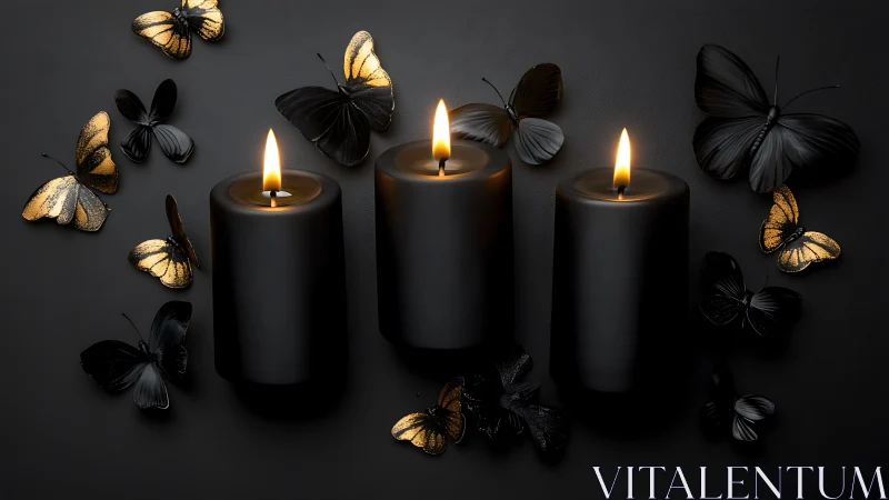Triple black pillar candles with gold-dusted butterflies.