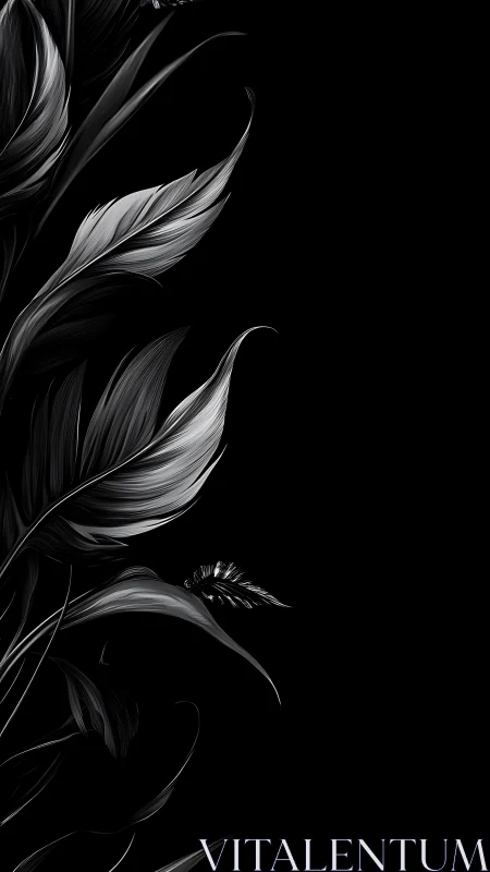 Monochrome botanical leaves on black vertical background.