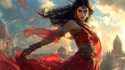 Warrior dancer in red sari dominates sunlit fantasy skyline