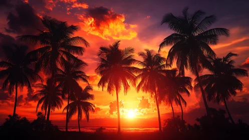 Intense tropical sunset behind silhouetted palm trees.