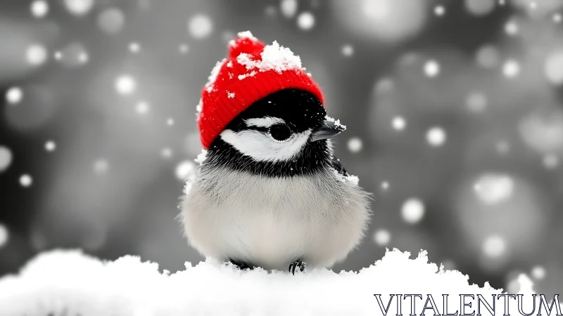 Avian Subject in Red Knit Beanie Against Snowed Background.