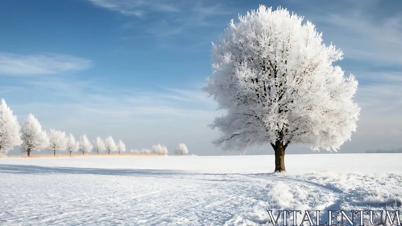 Frost covered tree standing alone in open snowy field.