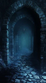 Subterranean stone corridor with receding gothic arches, torchlit
