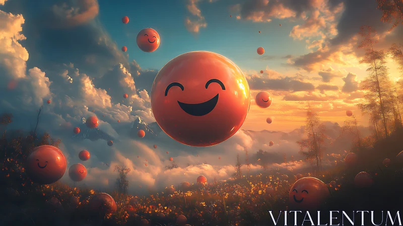 Smiling orange orbs drift through glowing sunset clouds.