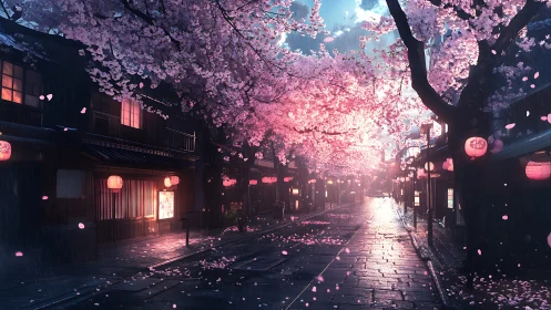 Cherry blossom street with lanterns on a rainy evening.