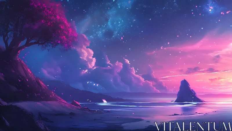 Neon Coastal Landscape: Bioluminescent Trees, Prismatic Sky, Monolithic Rock Formation