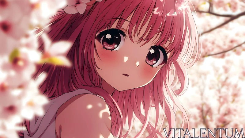 Anime portrait under soft-focus cherry blossom canopy.