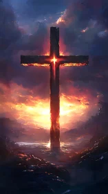 Luminous stone cross over reflective water at incendiary sunset