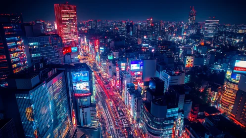 Neon lit city street cuts through dense high rise skyline at night