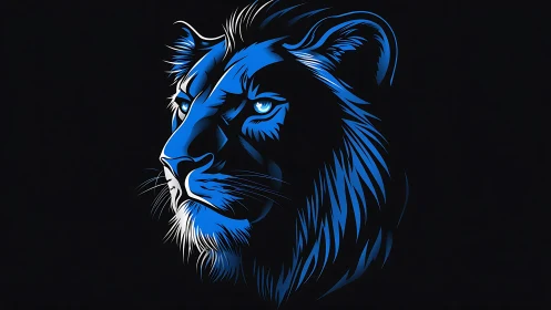 Midnight blue lion gaze carved from electric shadow lines.