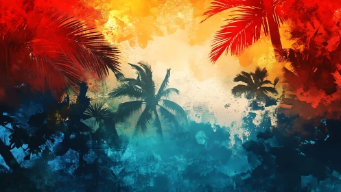 Vibrant tropical palm silhouettes dissolve into abstract color gradients