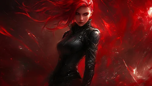 Crimson vector combatant in high-gloss tactical exosuit.