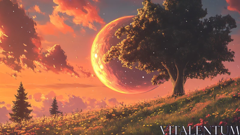 Sloping meadow under enlarged crescent planet with volumetric sunset clouds