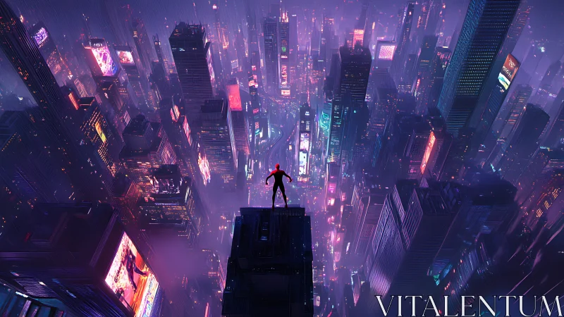 Silhouetted figure above dense neon cityscape at night.