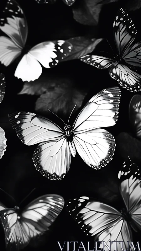 Monochrome butterflies drift gently through shadowed foliage