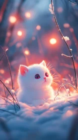 White Kitten in Snowy Garden Bathed in Warm Light.