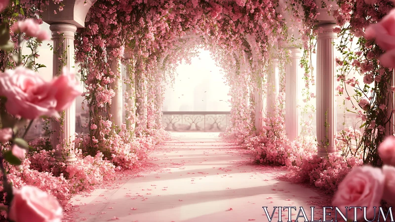Pink Floral Archway with Classical Columns and Petals.