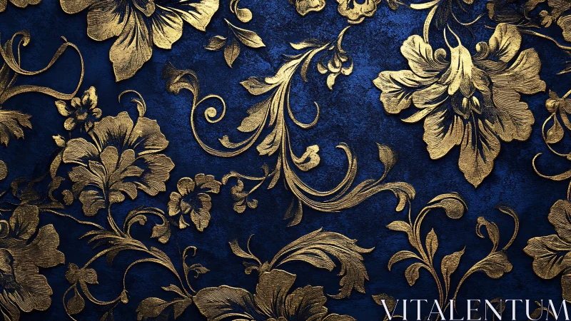 Embossed gold floral relief on deep navy textured ornamental surface