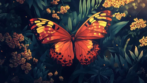 Orange butterfly rests on dark green foliage and flowers