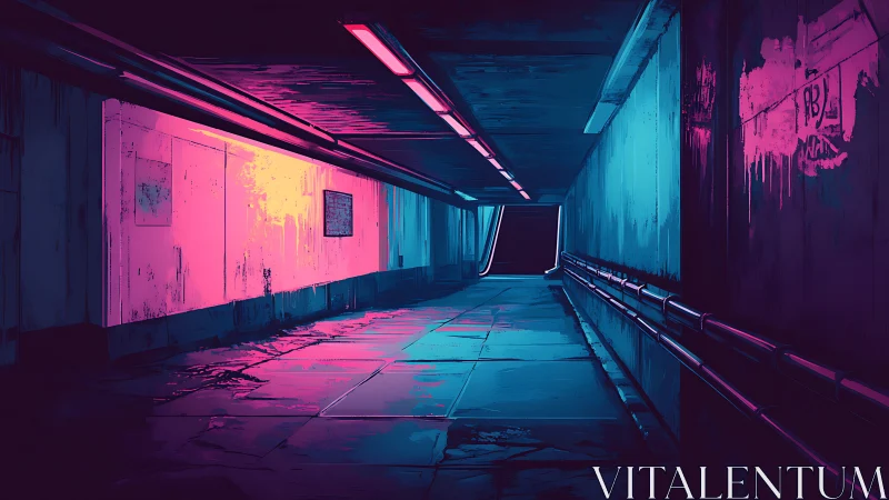 Neon underpass corridor bathed in cyan and magenta light.