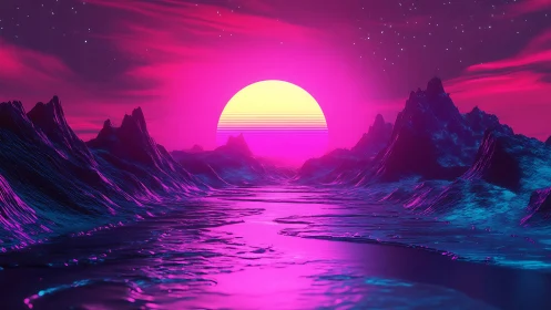 Neon-lit synthetic seascape with stylized digital sunset.