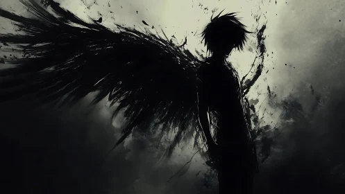 Shadow-winged fallen angel cuts through stormy darkness.