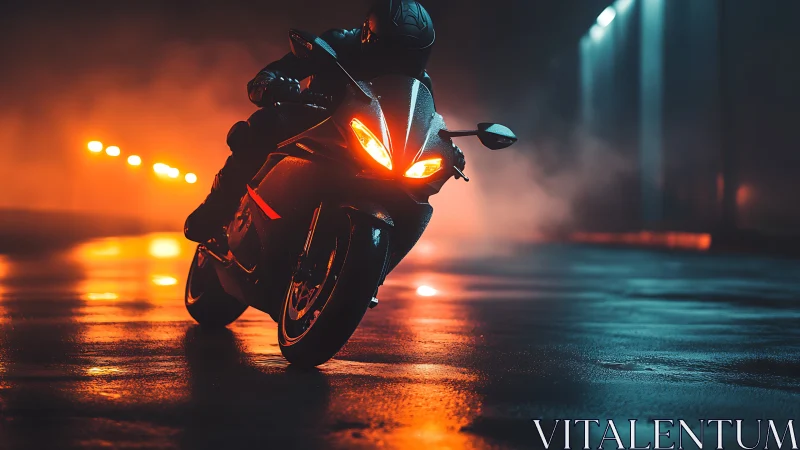 Sportbike cornering on wet asphalt under orange blue neons.