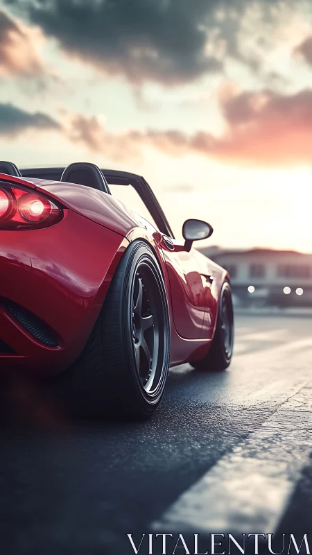 Red convertible sports car on open road at sunset sky.