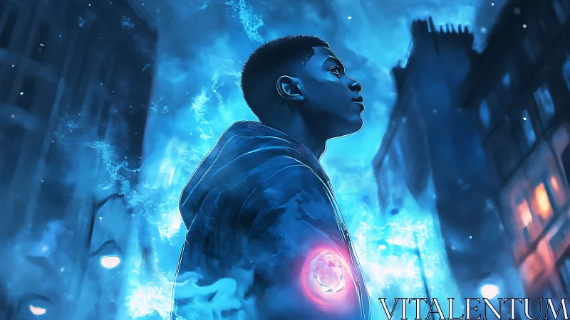 Neon blue urban street portrait with glowing energy core