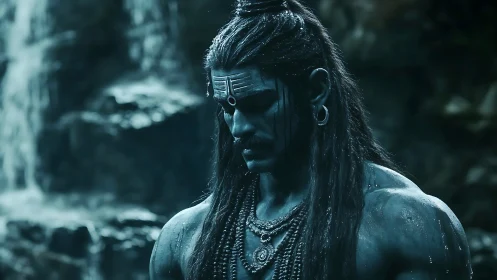 Somber blue warrior pauses in quiet reflection by waterfalls