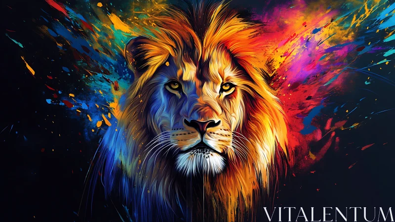 Roaring chromatic lion head amid explosive neon splashes.