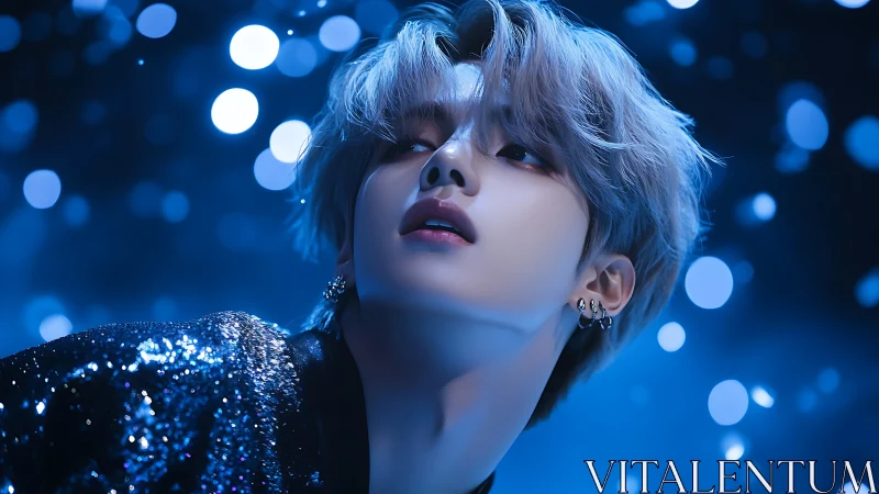 Iridescent portrait under cinematic blue bokeh lighting.